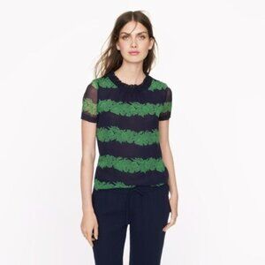 J.Crew Silk Ruffle Blouse Top in Beanstalk Stripe Womens Size 0 Navy Green Retro